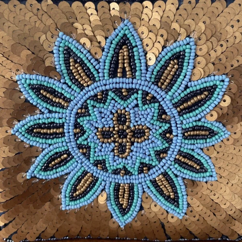 David Jeffery Blue/ gold‎ Beaded Evening Clutch Purse Mandala Sun Flower Sequins